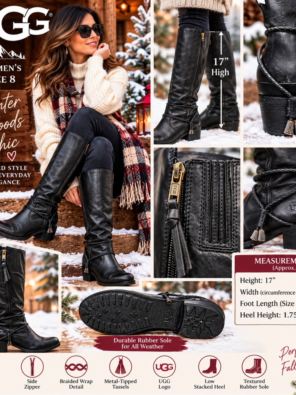 UGG: Leather Black Women’s Ankle Boot with Braided Detail. Size 8